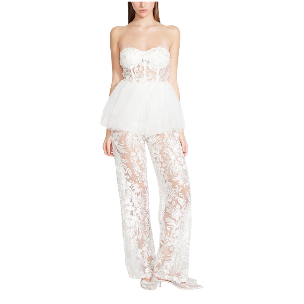 White Floral Lace Strapless Jumpsuit Sexy Peplum Corset Wedding Festival Bride